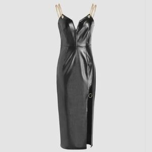 NEW Cider Faux Leather Solid Split Stitch Chain Midi Dress Faux Leather Split